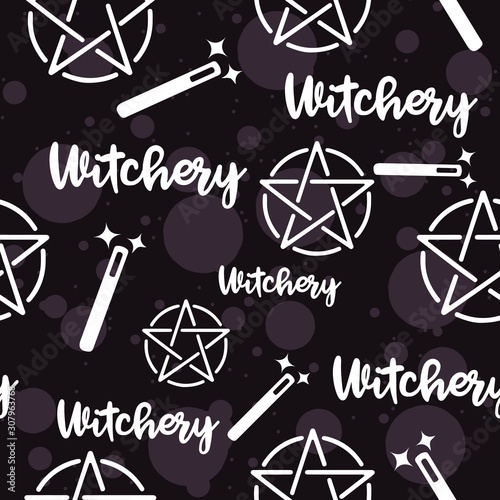 Witchery seamless pattern with magic wands and satanic pagan pentagram. 