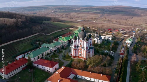 Orbital aerial drone view of Curchi Monastery in Orhei, Moldova photo