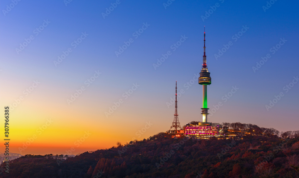 Sunset of Seoul City Skyline and Seoul Tower