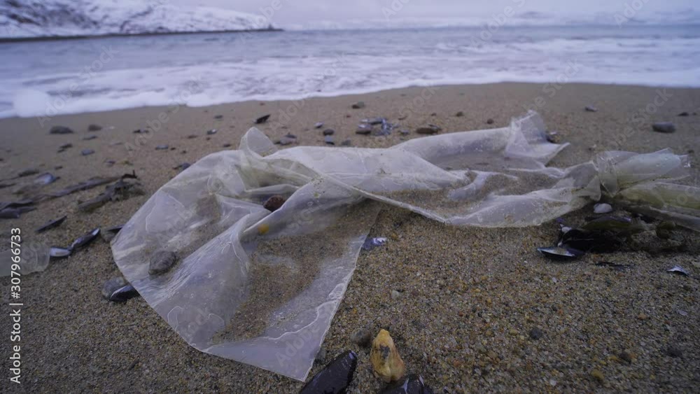 Arctic ocean pollution concept. Plastic pollution trash on the ocean shore. Arctic landscape and environmental problems. Arctic nature landscape - water pollution. Plastic bag, polluted underwater Arctic ocean pollution concept. Plastic pollution trash on the ocean shore. Arctic landscape and environmental problems. Arctic nature landscape - water pollution. Plastic bag, polluted underwater