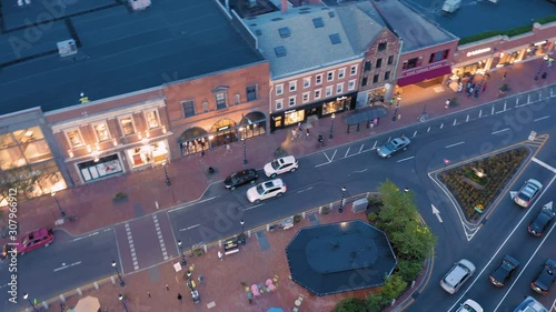 Aerial: Establishing shot of broadway street&  Yale University at night. New Haven, Connecticut, US. 26 August 2019 photo