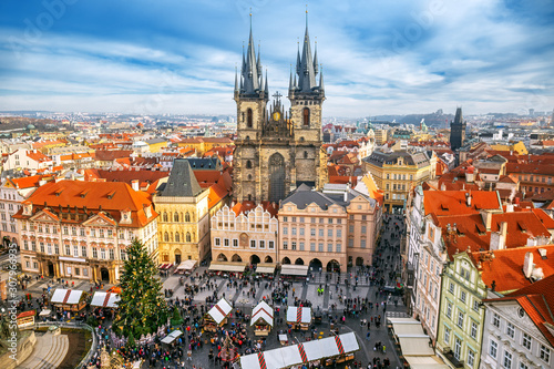 Old Town Square Christmas market from above in Prague, Czech republic