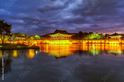 Anapji sunset at Donggung Palace and Wolji Pond in gyeongju national park, South Korea photo