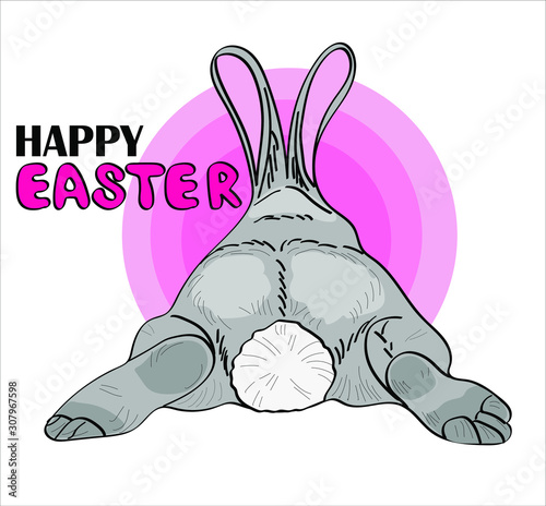 Cute rabbit turned his tail towards us. Happy Easter - the lettering. bunny Postcard, poster, composition for t-shirts, print in the style of hand-drawn