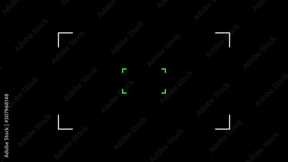 Animation of camera viewfinder with white square frame and flash light on black background