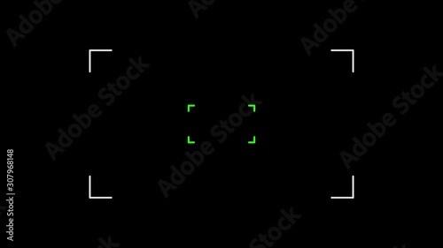 Animation of camera viewfinder with white square frame and flash light on black background