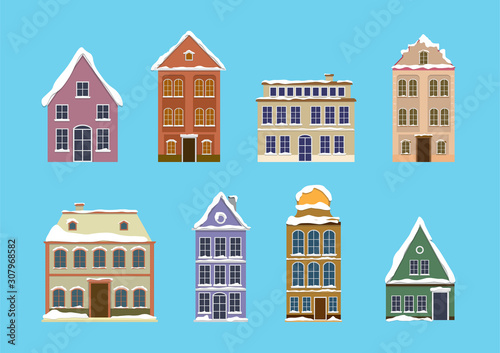 Fototapeta Naklejka Na Ścianę i Meble -  Set of european colorful old houses with snow. flat design