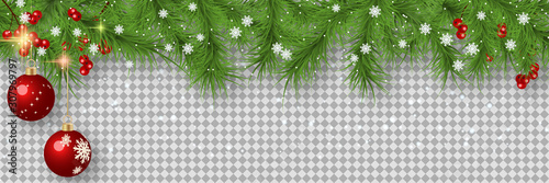 Christmas and New Year vector banner template. Fir tree branches border with winter decor on transparent background 