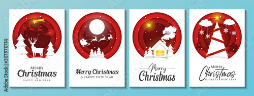 Merry Christmas and Happy New Year card set. Collection of universal holiday cards with papercut design, Santa, reindeer, house, snow, star, tree, and moon. Versatile modern vector template.