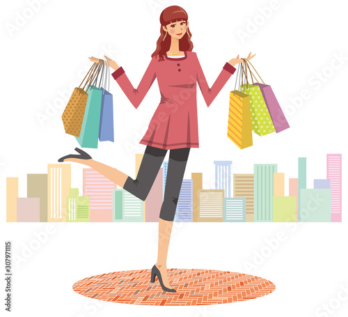 街で買い物をした女性のイメージイラスト