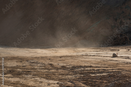 Strong wind blows dust across the dirt road photo