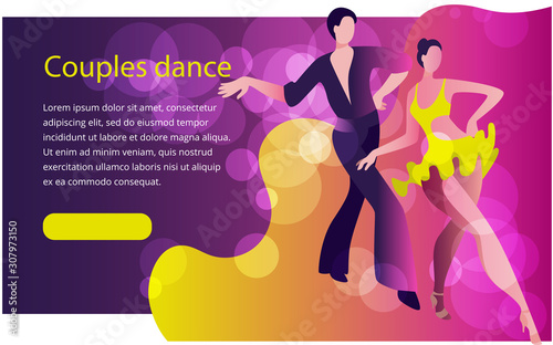 Beautiful couple dancing Latin American dance of Cha-cha-cha. Banner or invitation template in bright colors.