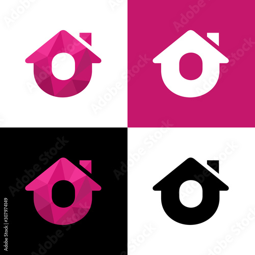 Letter O home logo design, abstract house low poly icon - Vector