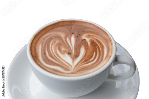 Hot latte art coffee heart shape with clipping path in a white cup on white background
