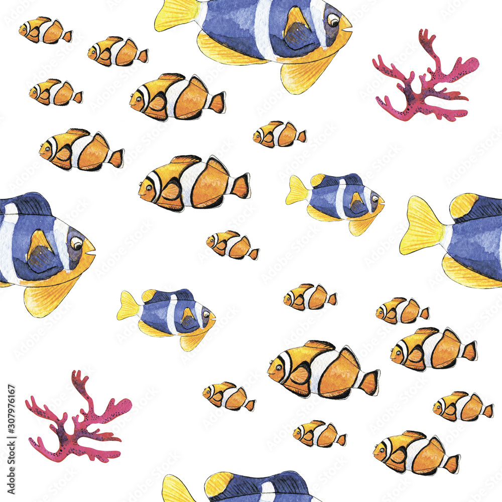 set with a clown fish swimming in a flock among the corals