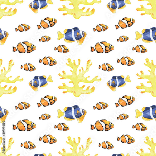 Set with yellow corals and small fish on white background