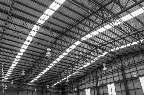 Warehouse metal roofing  Large steel roof structure  bottom view with skylight translucent roof.