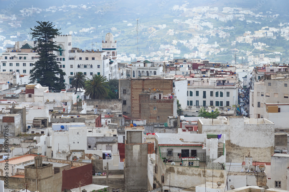 View of the Tetouan Medina quarter in Northern Morocco with old buildings roofs.