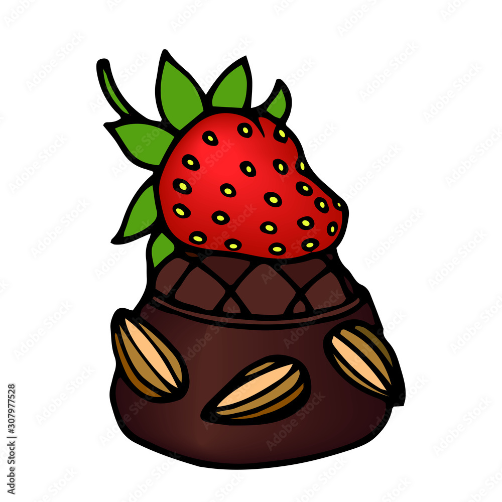 chocolate candy with strawberries and almond nut ornament, color vector illustration with black contour lines isolated on white background in clip art and hand drawn style chocolate candy with strawberries and almond nut ornament, color vector illustration with black contour lines isolated on white background in clip art and hand drawn style