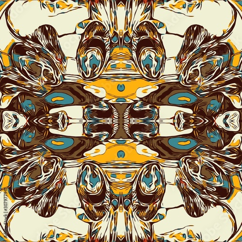 Abstract background with oriental ornament. Endless seamless pattern. Backdrop with yellow, white, turquoise and brown colors. Pattern for textile, fabric, tile, package, gift and wrapping paper.