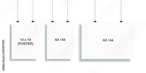Empty vector hanging poster mockup on isolated white background. Display mockup for presentation or exhibition product. Vertical blank roll up stand template in 14x19, A3, A4 sizes.