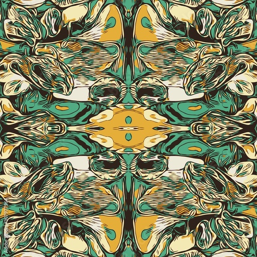 Abstract background with boho style ornament. Endless seamless pattern. Backdrop with yellow, white, turquoise and mustard colors. Pattern for textile, fabric, tile, package, gift and wrapping paper.