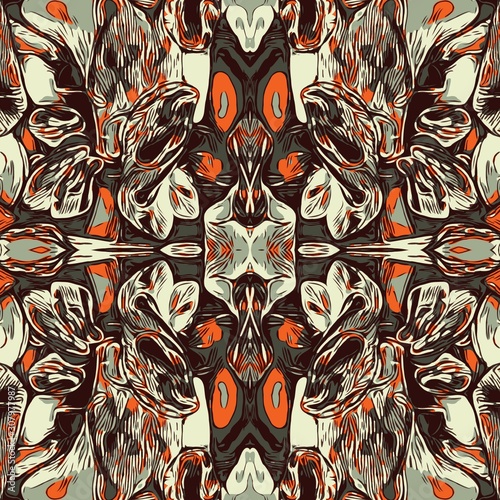 Abstract background with boho style ornament. Endless seamless pattern. Backdrop with orange, white, brown, black and taupe colors. Pattern for textile, fabric, tile, package, gift and wrapping paper.