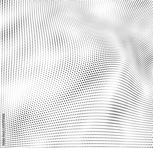 Abstract halftone texture. Chaotic waves of dots. Black and white background