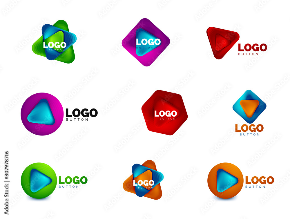 Set of play, arrow or download button icons, minimal design business logo templates. 3d geometric bold in relief style with color blend steps effect. Vector Illustrations For Banner, Background Set of play, arrow or download button icons, minimal design business logo templates. 3d geometric bold in relief style with color blend steps effect. Vector Illustrations For Banner, Background