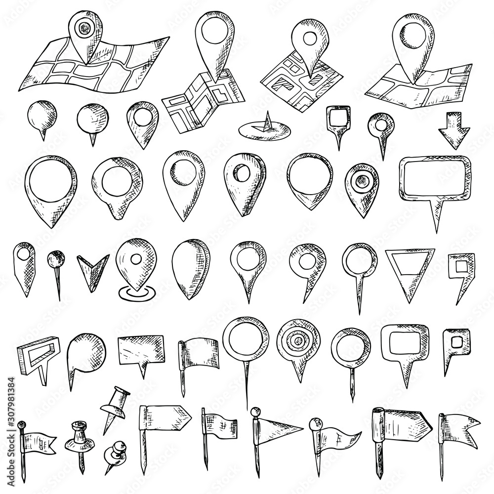 Hand-drawn set of map pins. Isolated objects on a white background ...