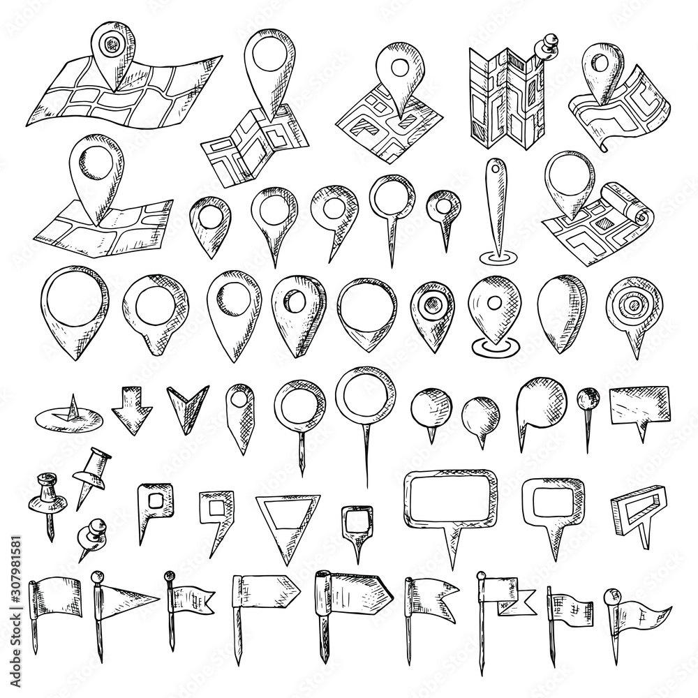 Hand-drawn set of map pins. Isolated objects on a white background. Vector cartoon doodles. Flags, pins and markers for location designation.