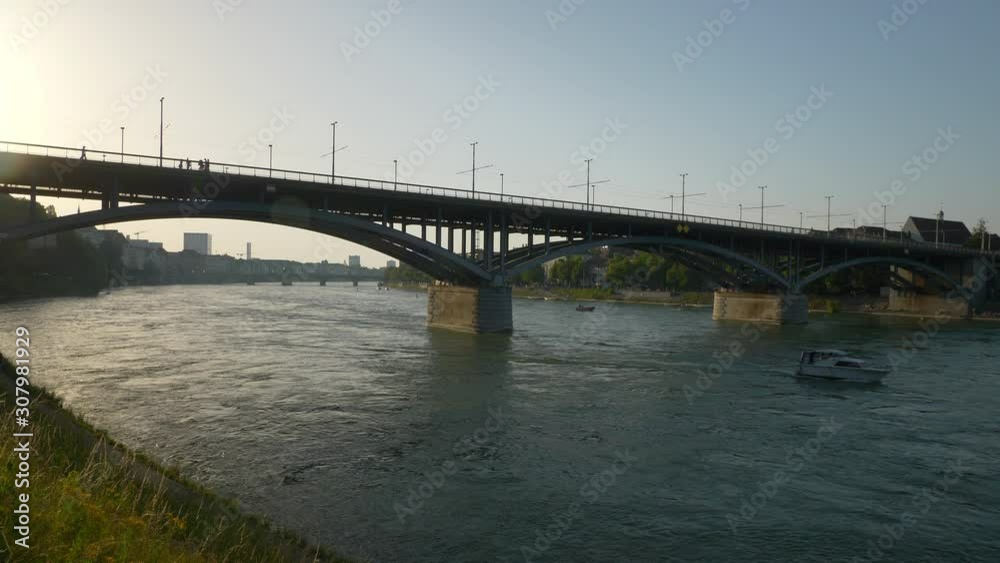 sunset time basel city riverside traffic bridge slow motion panorama 4k switzerland sunset time basel city riverside traffic bridge slow motion panorama 4k switzerland
