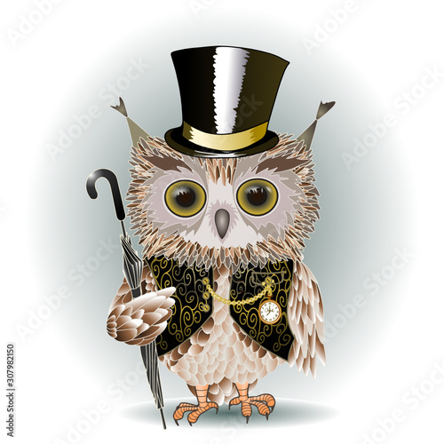 owl gentleman in a black vest with a pocket watch, in a top hat and with a cane umbrella in his hand stands on a gray background, vector color detailed illustration