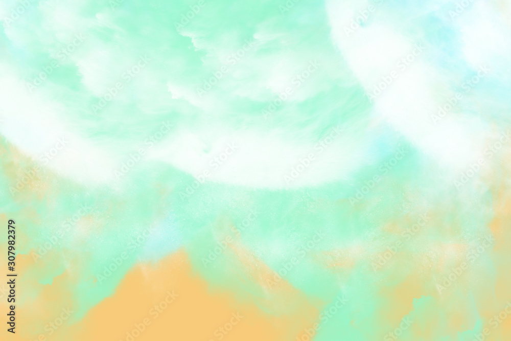Sea and sand beach in aqua menthe color tone for background, digital illustration