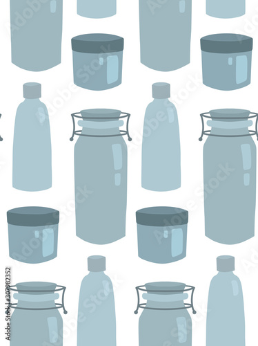 Seamless flat texture of glass bottles and jar in a row on white background. Zero waste products. Vector pattern for fabrics, wallpapers, backgrounds and your design.