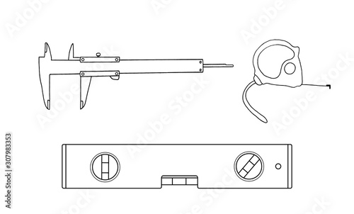 Set of 3 flat and simple icons of tools drawing with black lines on white background. Vector measuring tools. Element for your design.