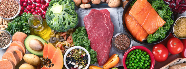 Balanced diet food background.