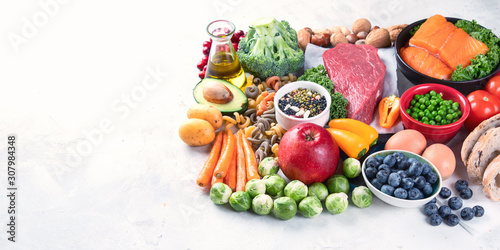 Balanced diet food background.