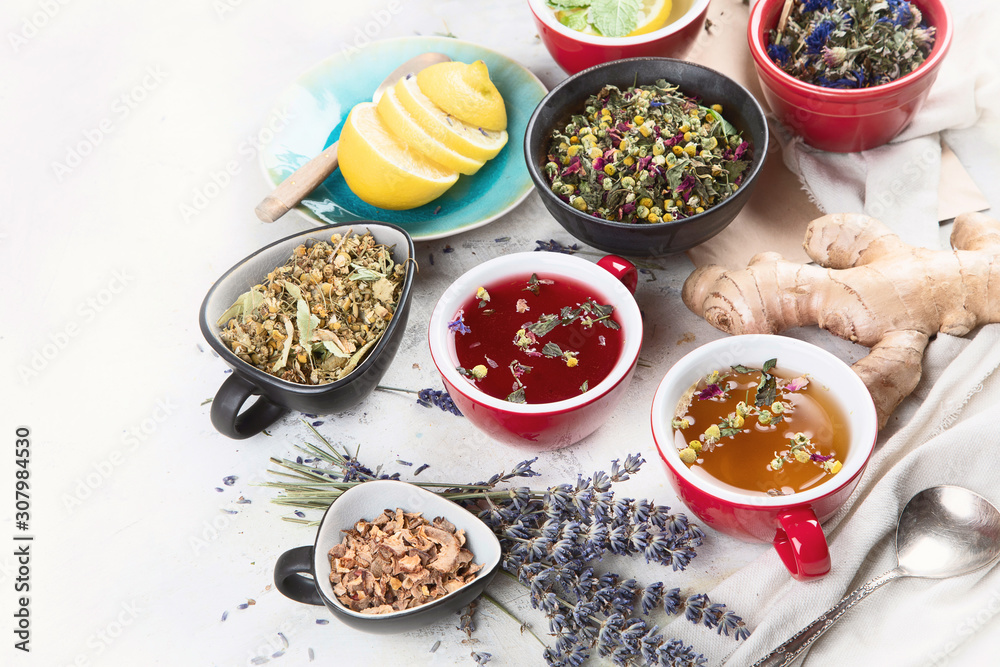 Different kinds of herbal tea. Different kinds of herbal tea.