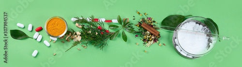 Alternative herb medicine. Herbal medicine and homeopathy concept.Top view, flat lay on color background