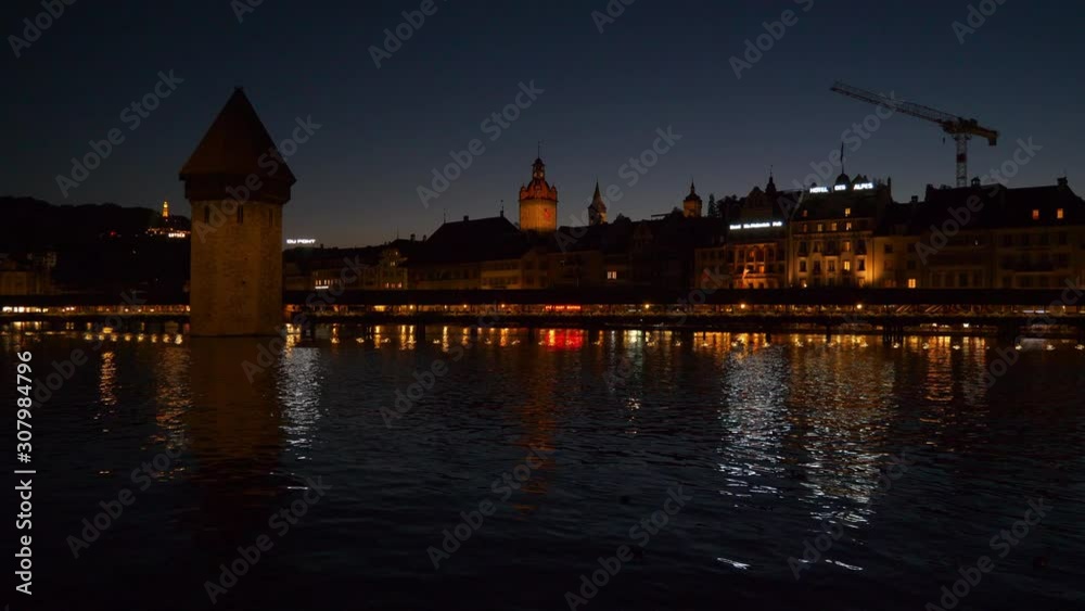 night time illuminated luzern city river bay panorama 4k switzerland night time illuminated luzern city river bay panorama 4k switzerland