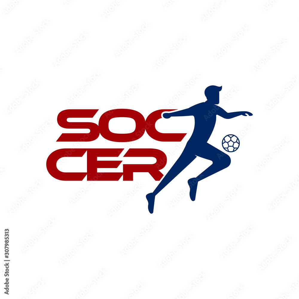 Soccer player kicks the ball. Sport Vector illustration with the soccer text and with soccer player below. Soccer logo, icon, mobile, website design template isolated on white background.