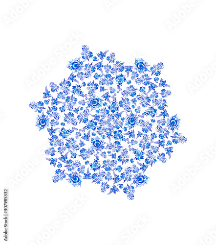 Light blue Russian national painting on a white background. Print. Seamless pattern imitation of painting on porcelain in the Russian style Gzhel or Chinese painting. Russian symbols, gzhel style