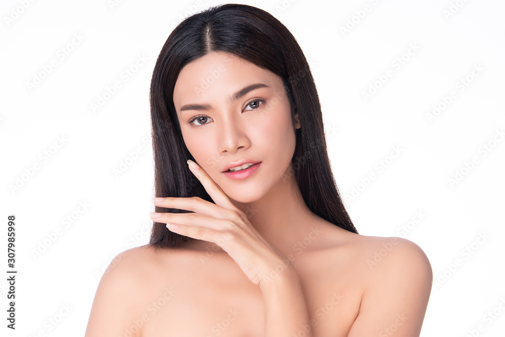 Beautiful Young Asian Woman with Clean Fresh Skin. Face care, Facial treatment, on white background, Beauty and Cosmetics Concept. Beautiful Young Asian Woman with Clean Fresh Skin. Face care, Facial treatment, on white background, Beauty and Cosmetics Concept.