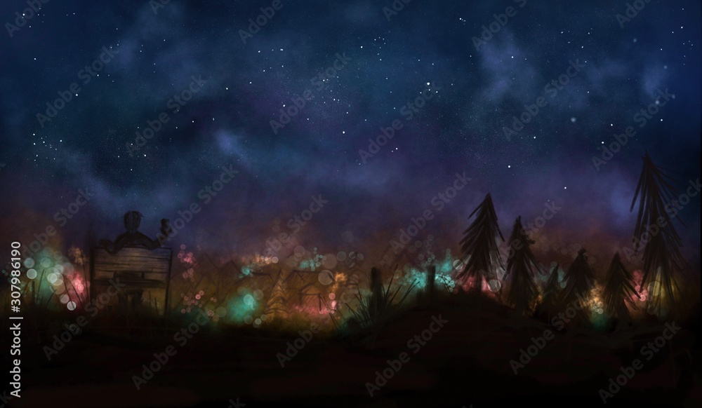 Fototapeta premium Digital paint illustration of silhouette of a man is drinking beer at hill with bokeh light of town in night time under starry night sky