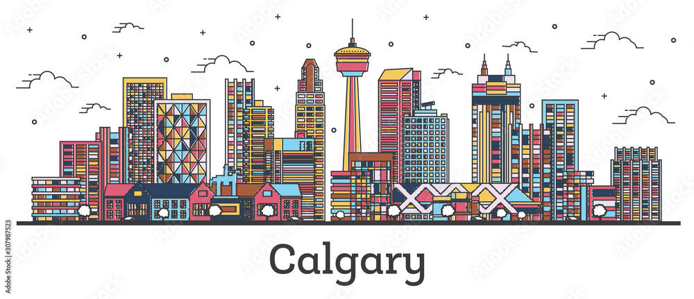 Outline Calgary Canada City Skyline with Color Buildings Isolated on White.