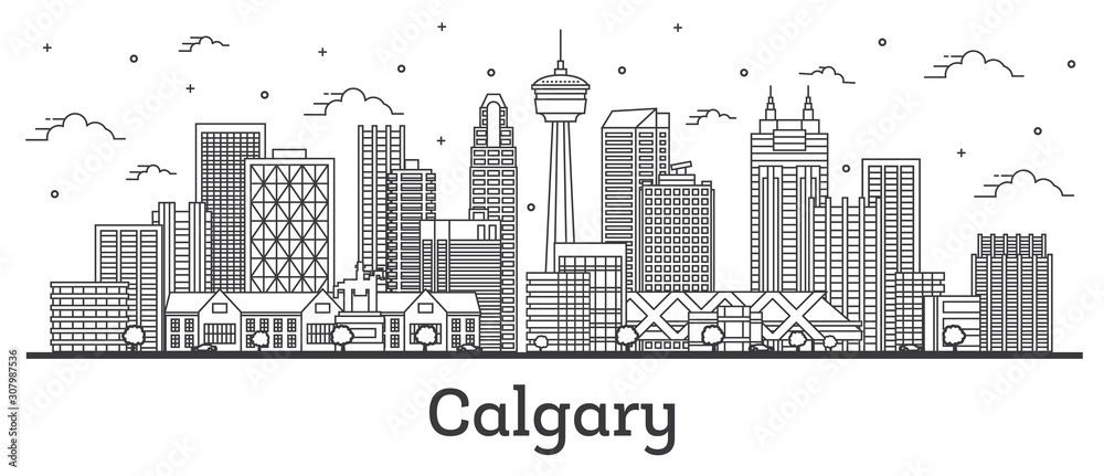 Outline Calgary Canada City Skyline with Modern Buildings Isolated on White.