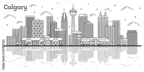 Outline Calgary Canada City Skyline with Modern Buildings and Reflections Isolated on White.