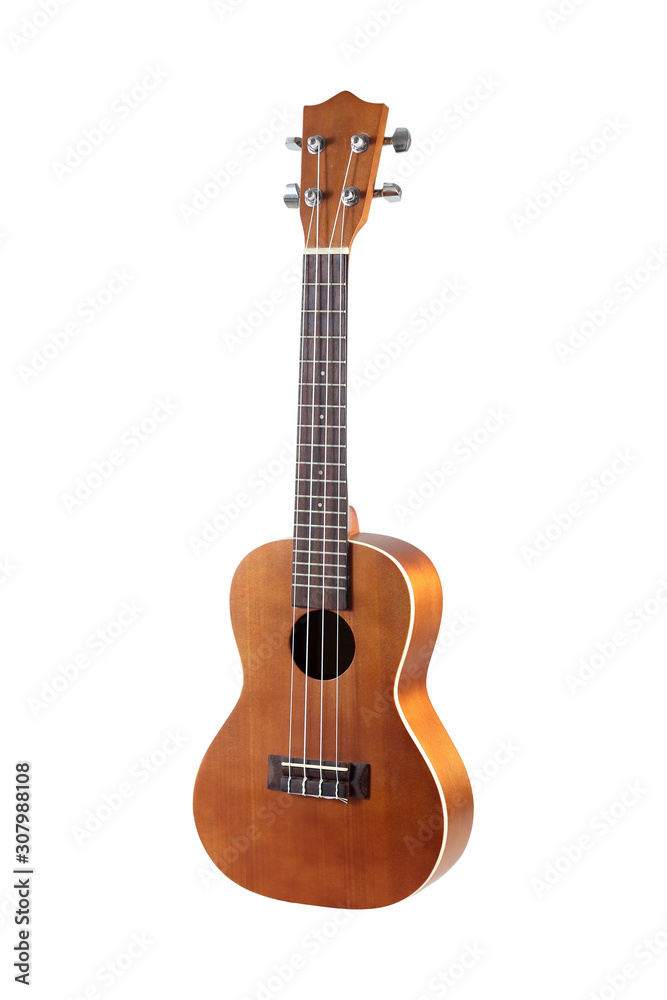 brown ukulele isolated on the white background