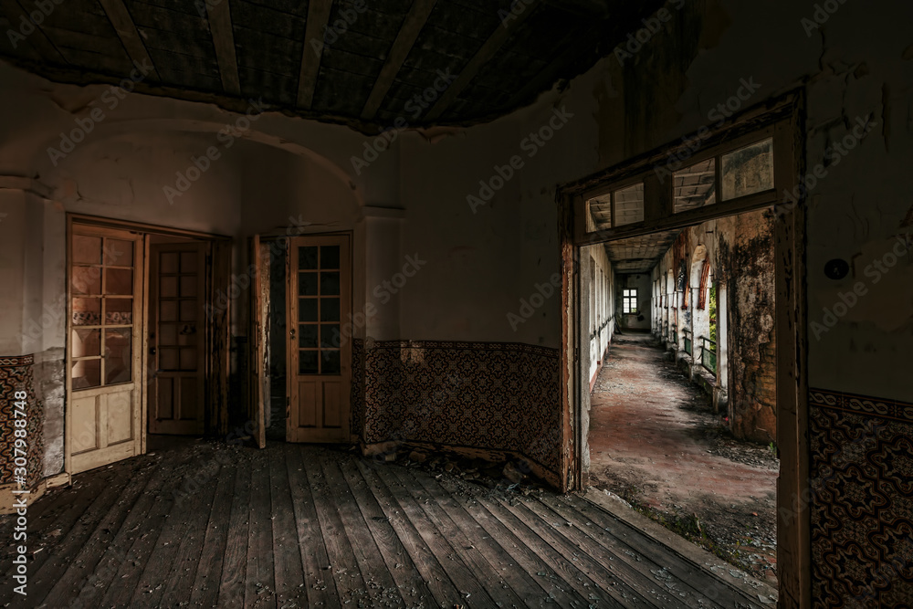 Hall and corridor in abandoned building Hall and corridor in abandoned building